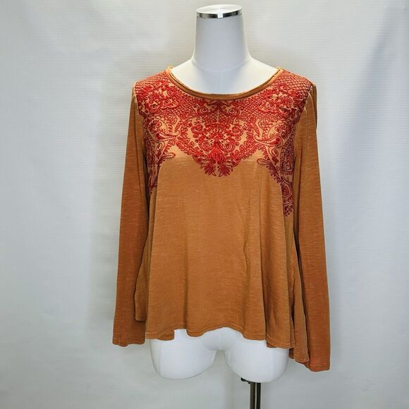 Sundance Top Womens Medium Orange Boho Embroidered Long Sleeve Crew Neck - Picture 1 of 9